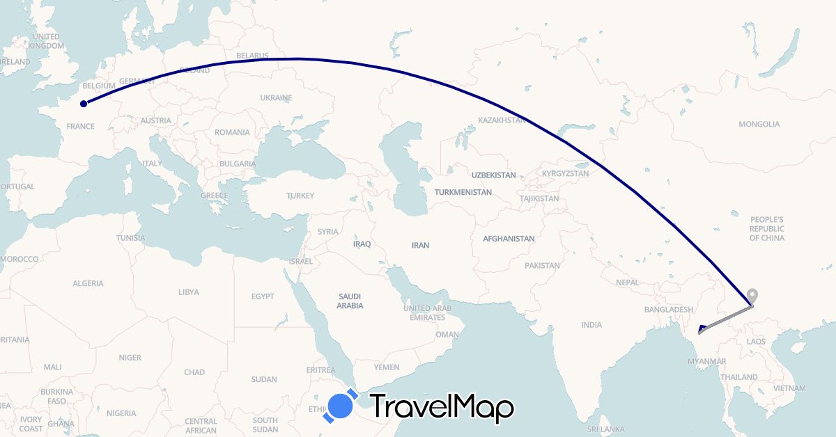 TravelMap itinerary: driving, plane in China, France, Myanmar (Burma) (Asia, Europe)